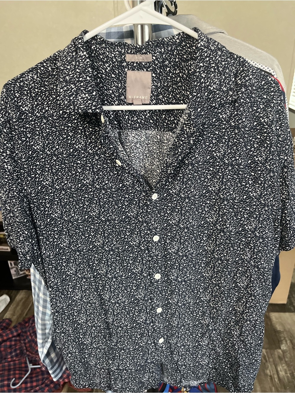 Navy and White Speckled Short Sleeve Button-Up Shirt